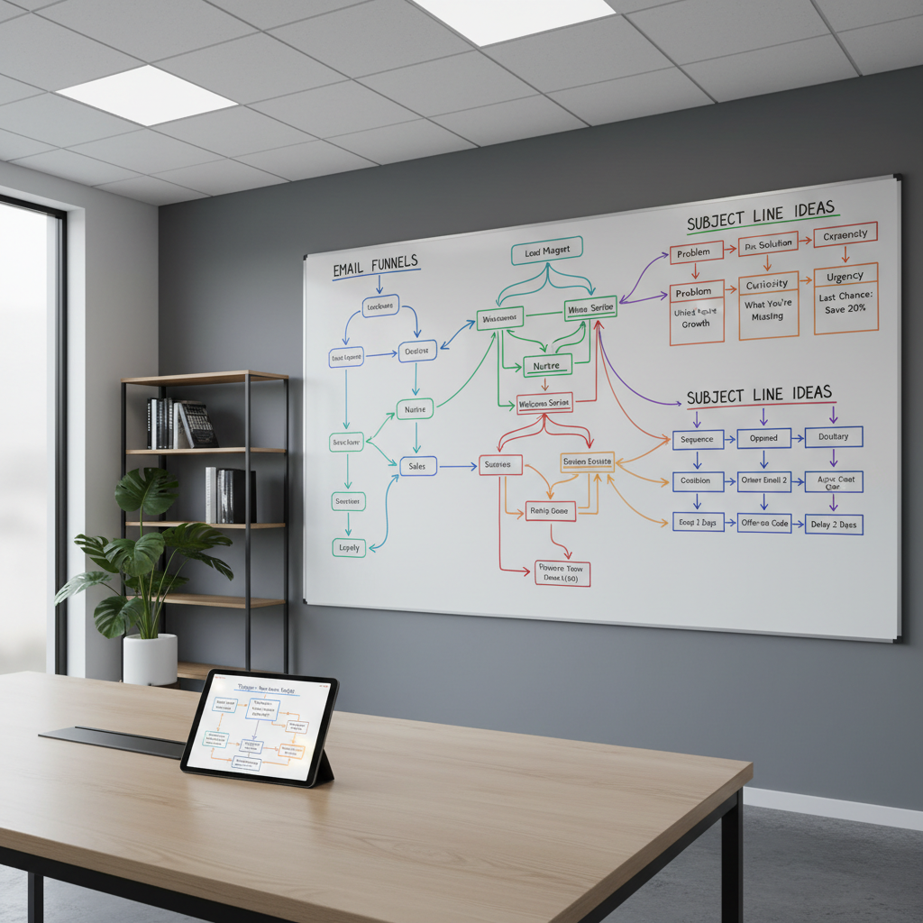 A large, wall-mounted whiteboard in a modern office space, densely covered with neatly drawn email funnels, subject line ideas, and color-coded arrows connecting different stages of a campaign. On a nearby table, a tablet shows an email automation flowchart with triggers and sequences clearly visible. The room features cool gray walls, a matte black metal shelving unit with a few strategically placed books about digital marketing, and a single leafy plant for a touch of green. Soft, diffused overhead lighting and indirect window light create an even, professional illumination with minimal shadows. Captured from a slightly elevated angle in photographic realism, the composition emphasizes clarity, structure, and strategic thinking, reflecting focused, advanced email marketing training.